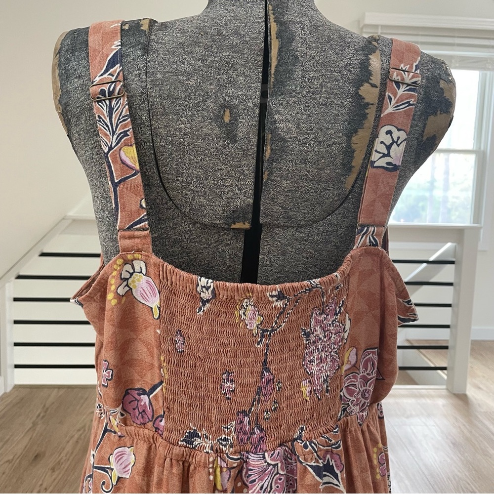 2X 3X tan brown pink yellow floral print bohemian overall dress with pockets - Picture 6 of 7